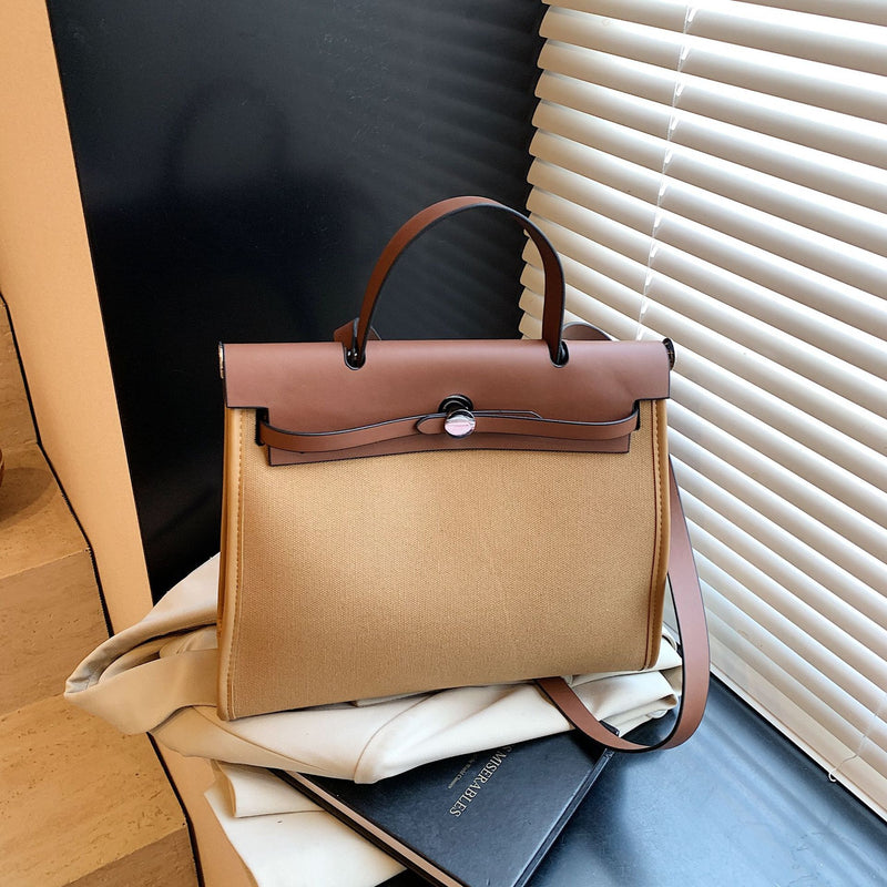 High-End Canvas Splicing Kelly Bag Large-Capacity Shoulder Bag