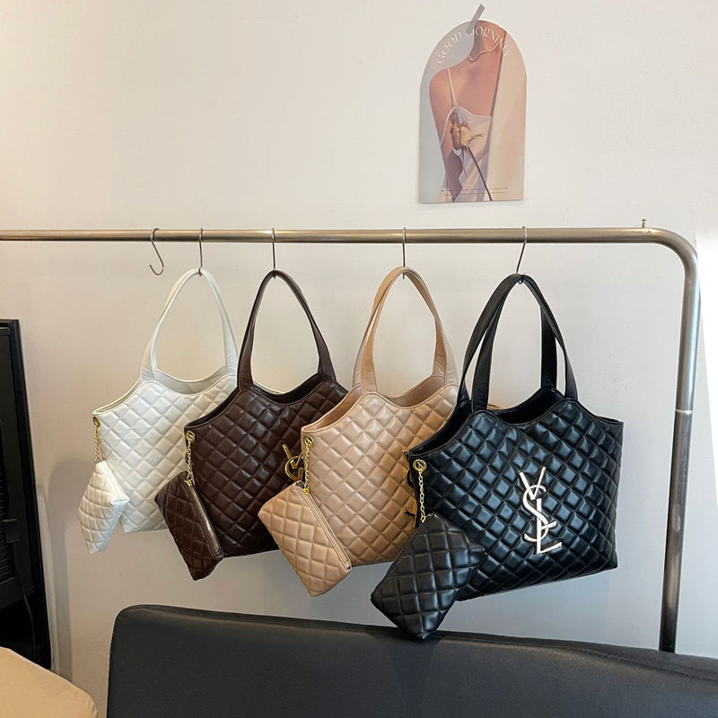 Light Luxury Retro Diamond Tote Handbag for Women Large Capacity