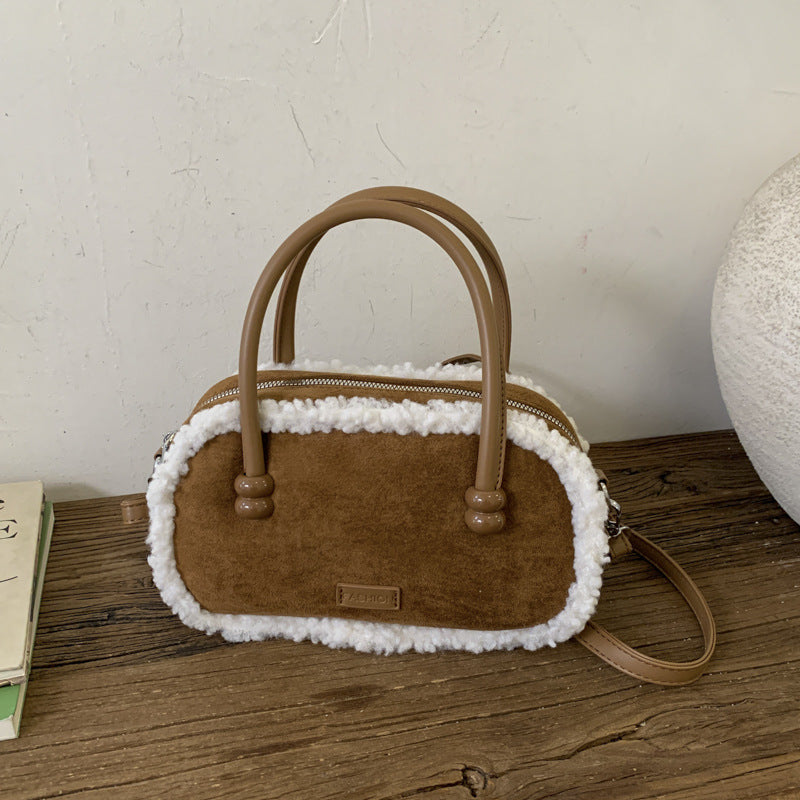Niche Plush Splicing Handbag Retro Shoulder Bag Suede Messenger