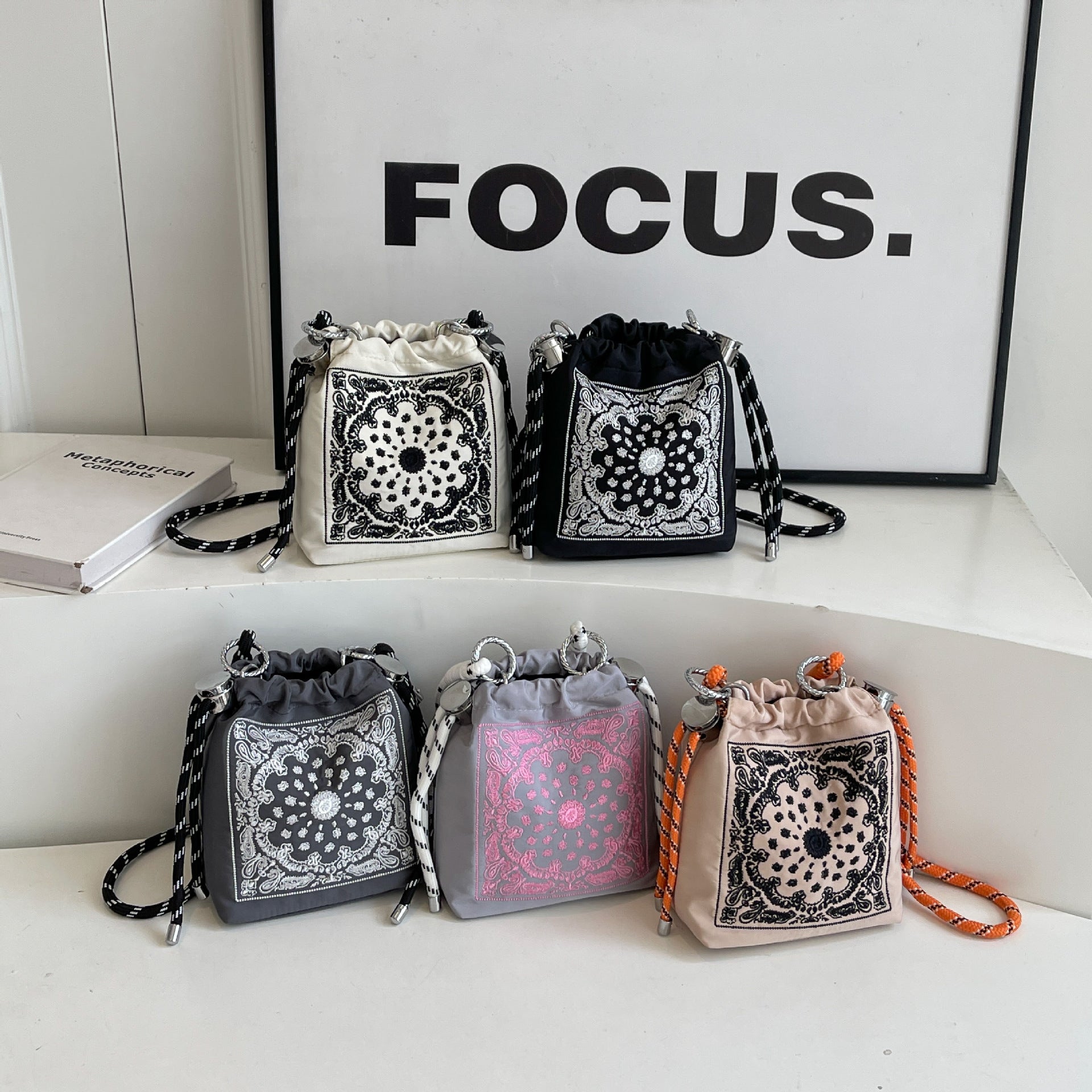Embroidered Ball Chain Drawstring Bucket Bag Lightweight Crossbody Shoulder Bag