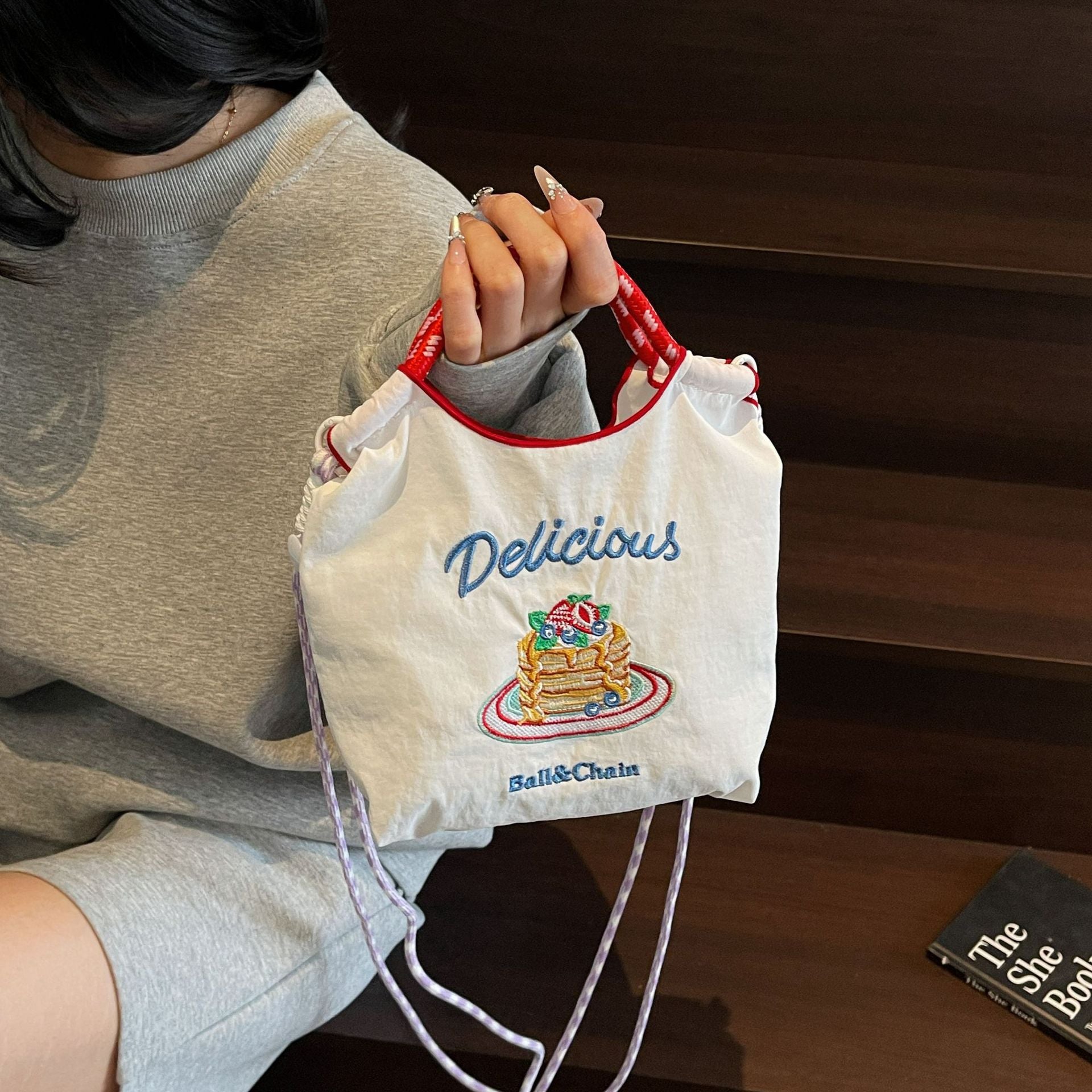 Ese Ball Chain Eco Shopping Tote Bag Cake Embroidered Nylon Messenger Bag