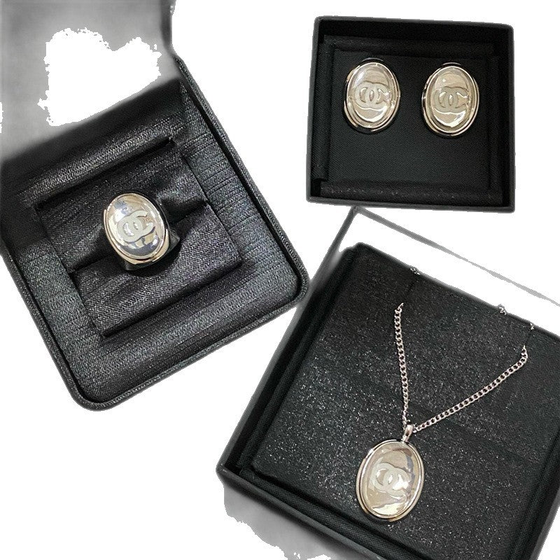 Simple Versatile Oval Mirror Glossy Double C 925 Silver Earrings