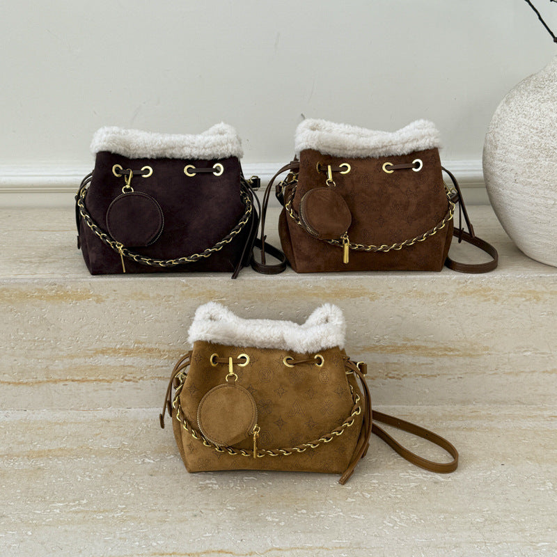Retro Suede Splicing Bucket Bag Chain Shoulder Messenger Handbag
