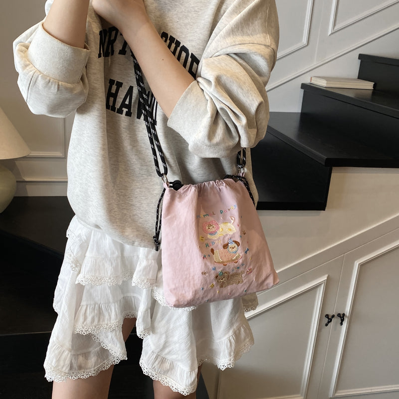Embroidery Ball Chain Drawstring Shoulder Bag