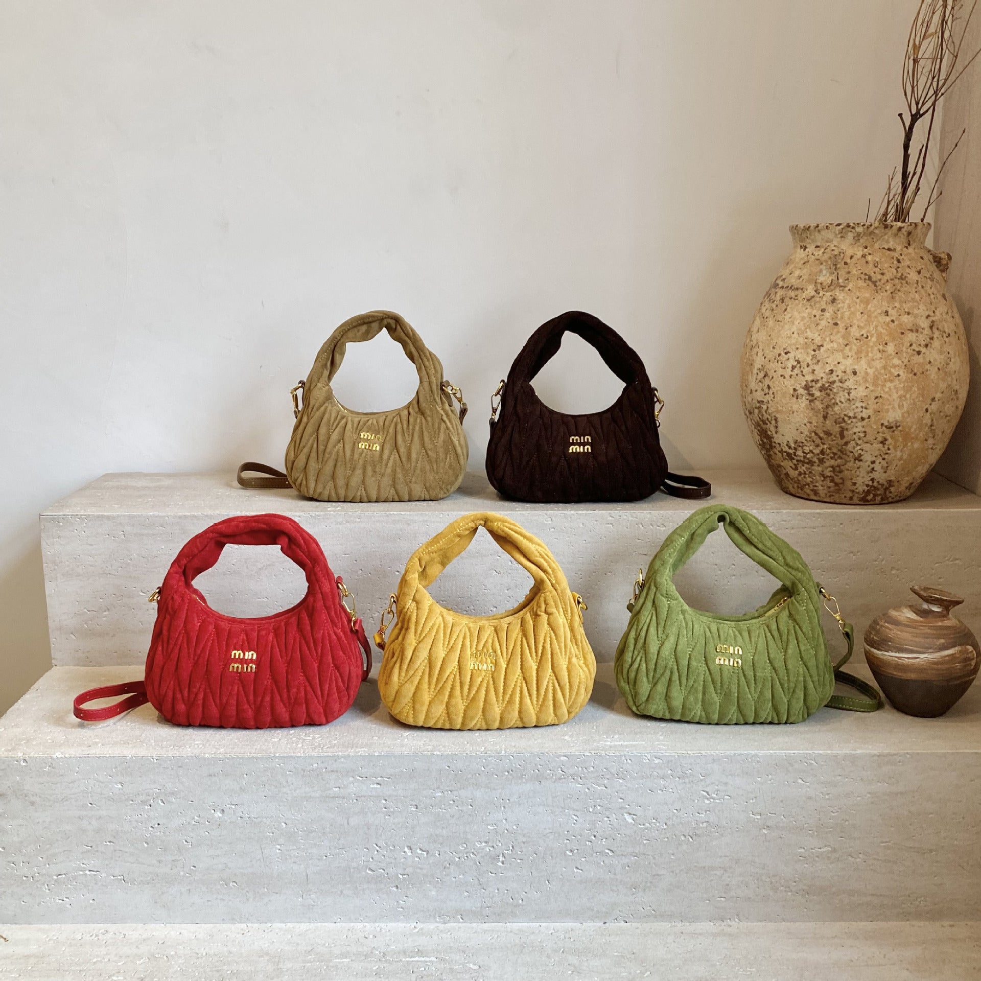 Light Luxury MIU Suede Handbag, High-End Crescent Bag, Niche Pleated One-Shoulder Crossbody Bag, Trendy Dumpling Bag