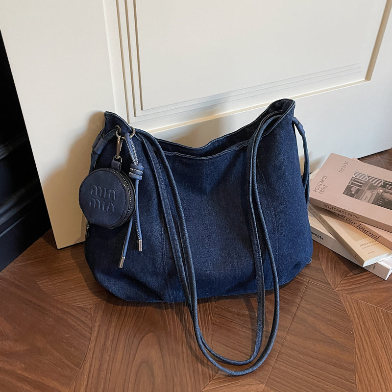 Miu Denim Dumpling Bag Large Capacity Shoulder Crossbody Retro Washed