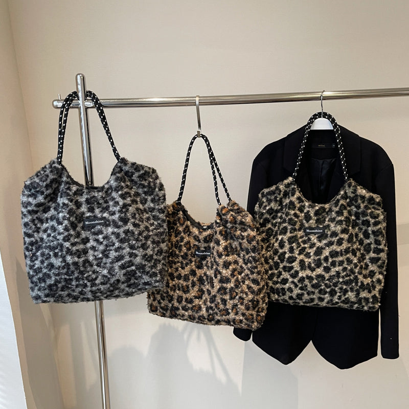 Leopard Print Lamb Wool Drawstring Shoulder Bag Retro Tote