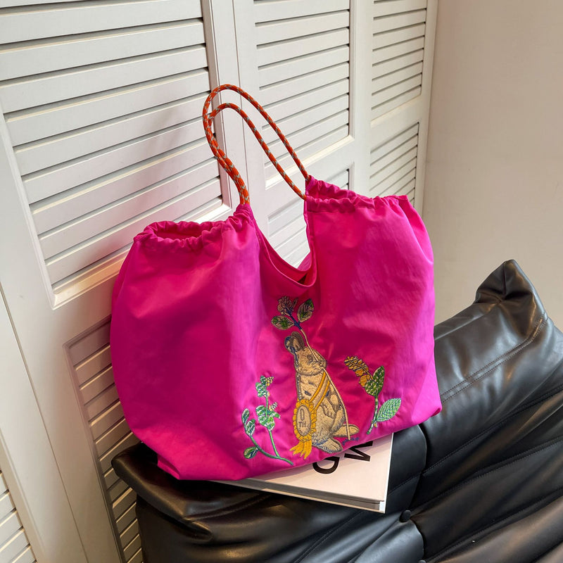 Rabbit Embroidery Shoulder Bag with Drawstring Chain