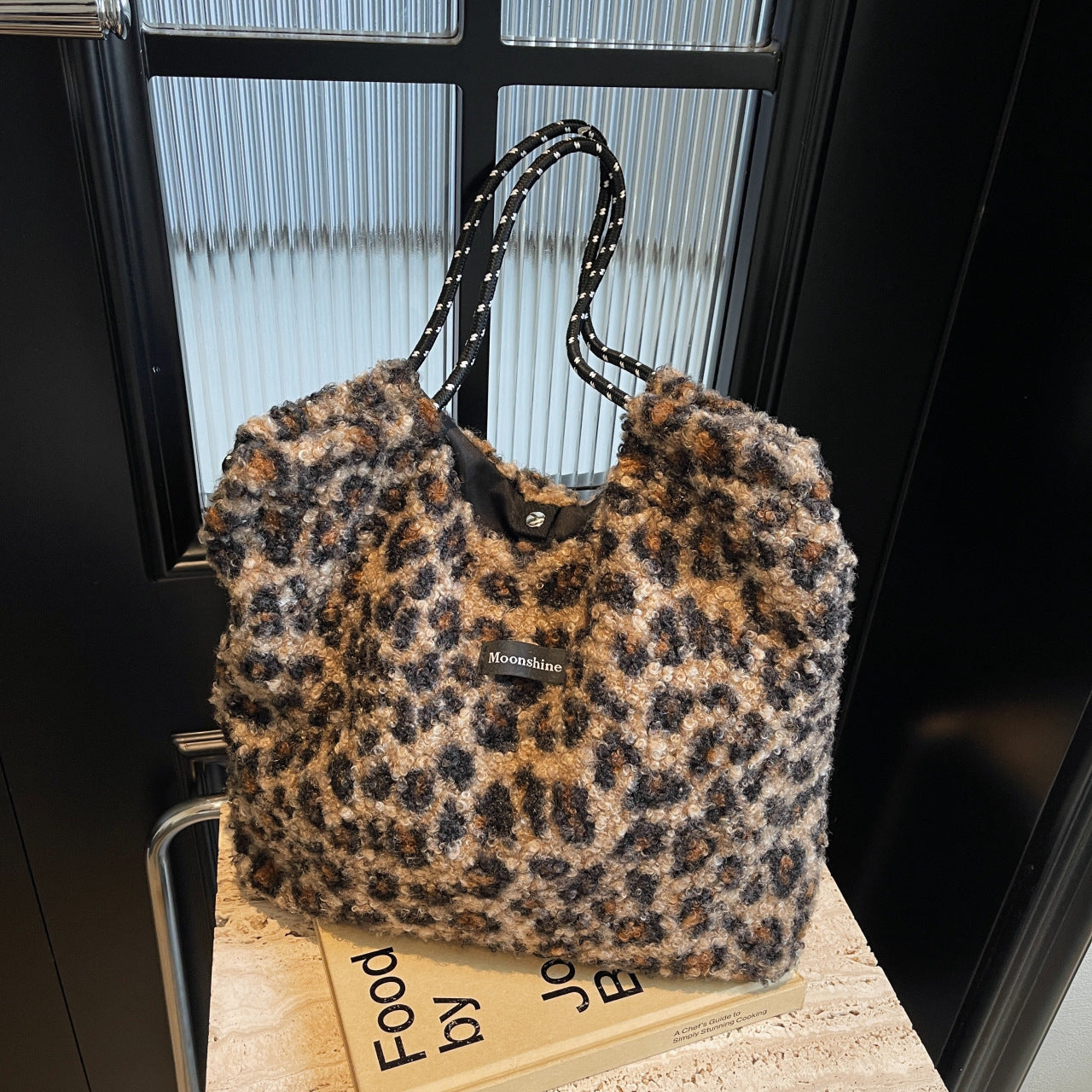 Leopard Print Lamb Wool Drawstring Shoulder Bag Retro Tote