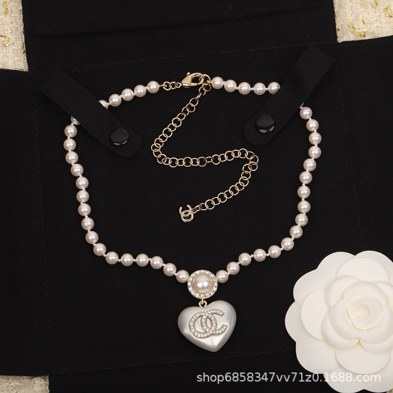 Women's Crystal Pearl Necklace - Heart Pendant, Diamond, Blue & Pink