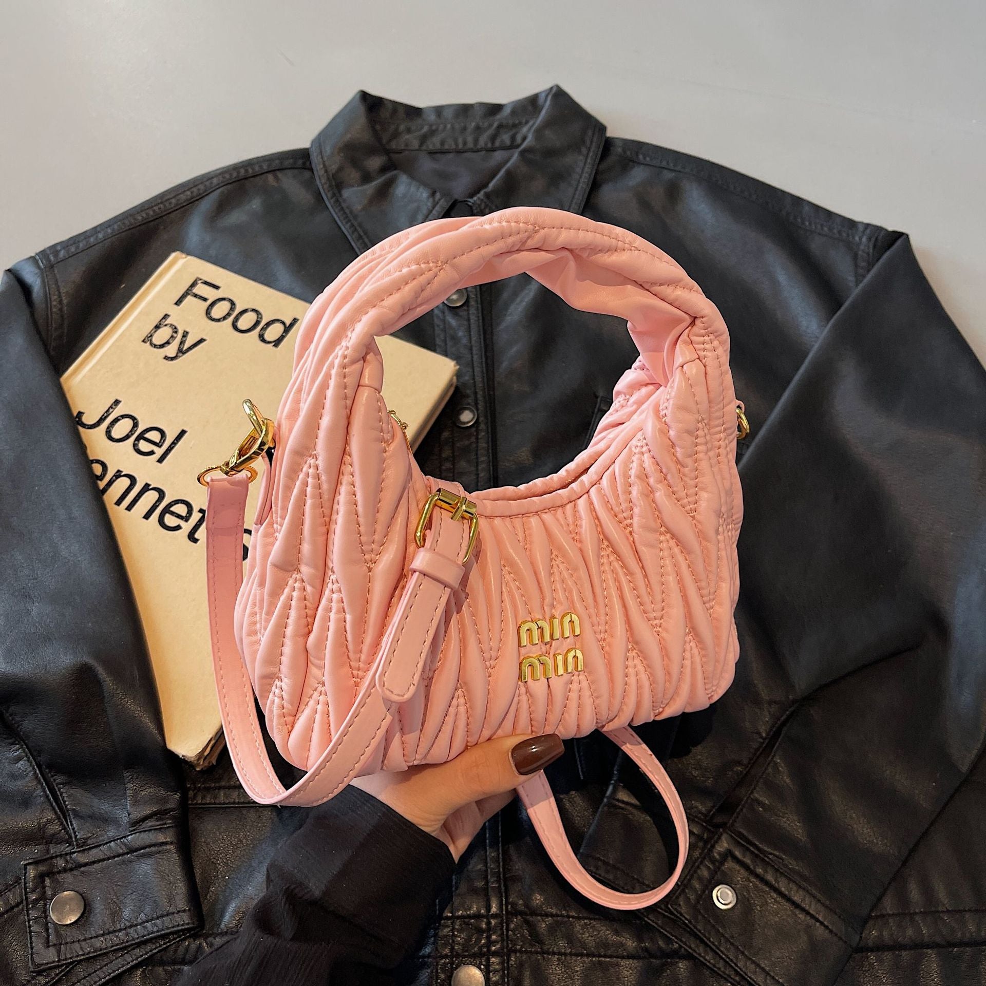 Miu Pleated Cloud Embroidery Crescent Shoulder Bag