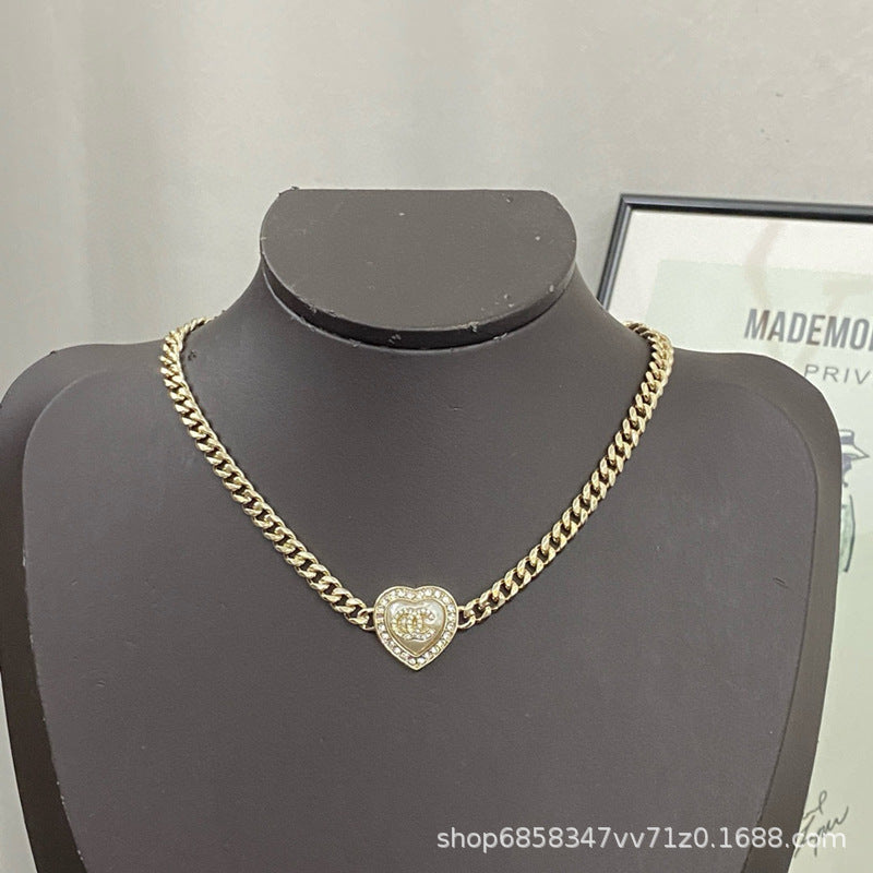 Women's Crystal Pearl Necklace - Heart Pendant, Diamond, Blue & Pink