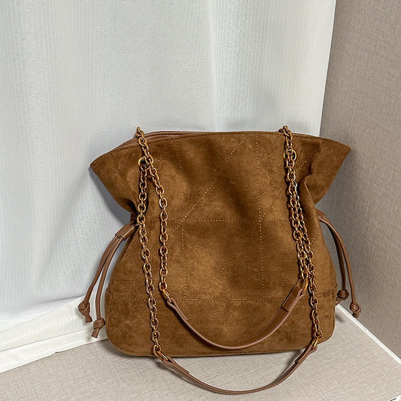 Light Luxury Suede Pleated Drawstring Diamond Tote Bag