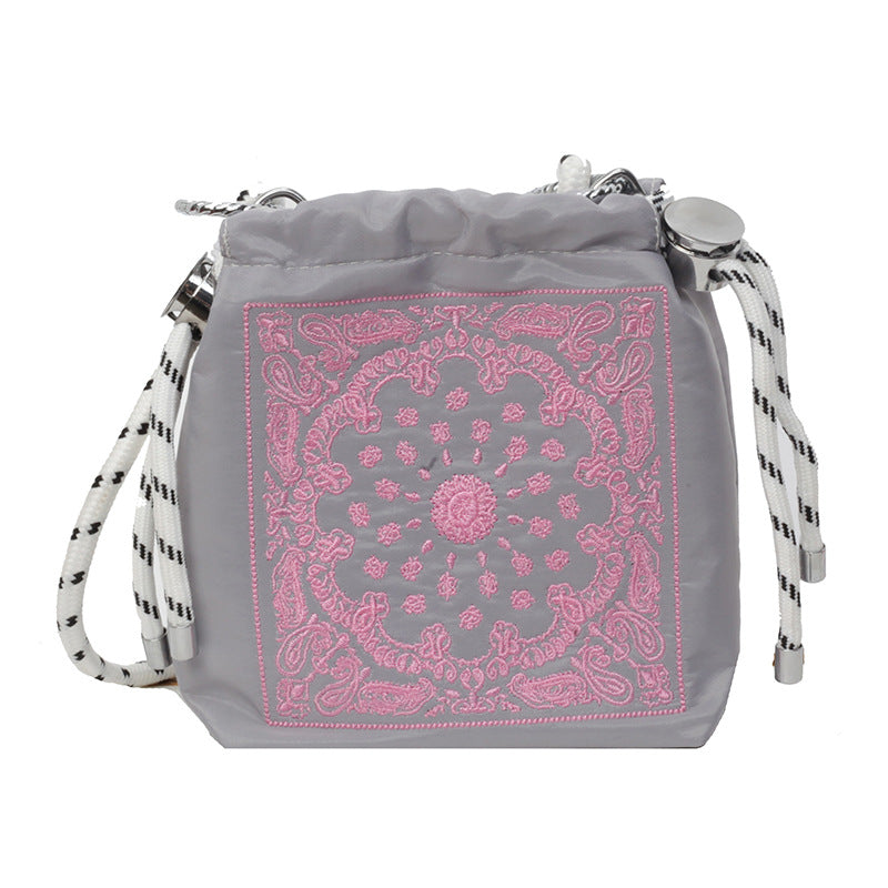 Embroidered Ball Chain Drawstring Bucket Bag Lightweight Crossbody Shoulder Bag