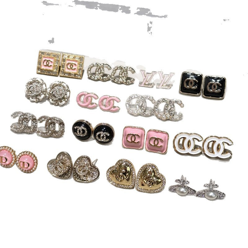 Double C Diamond Pearl Stud Earrings for Women