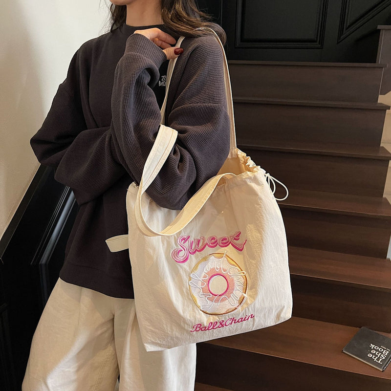 Donut Embroidery Tote Bag with Ball Chain for Women