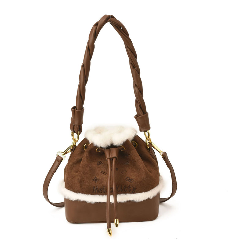 Trendy Plush Splicing Bucket Bag Contrasting Colors Shoulder Bag
