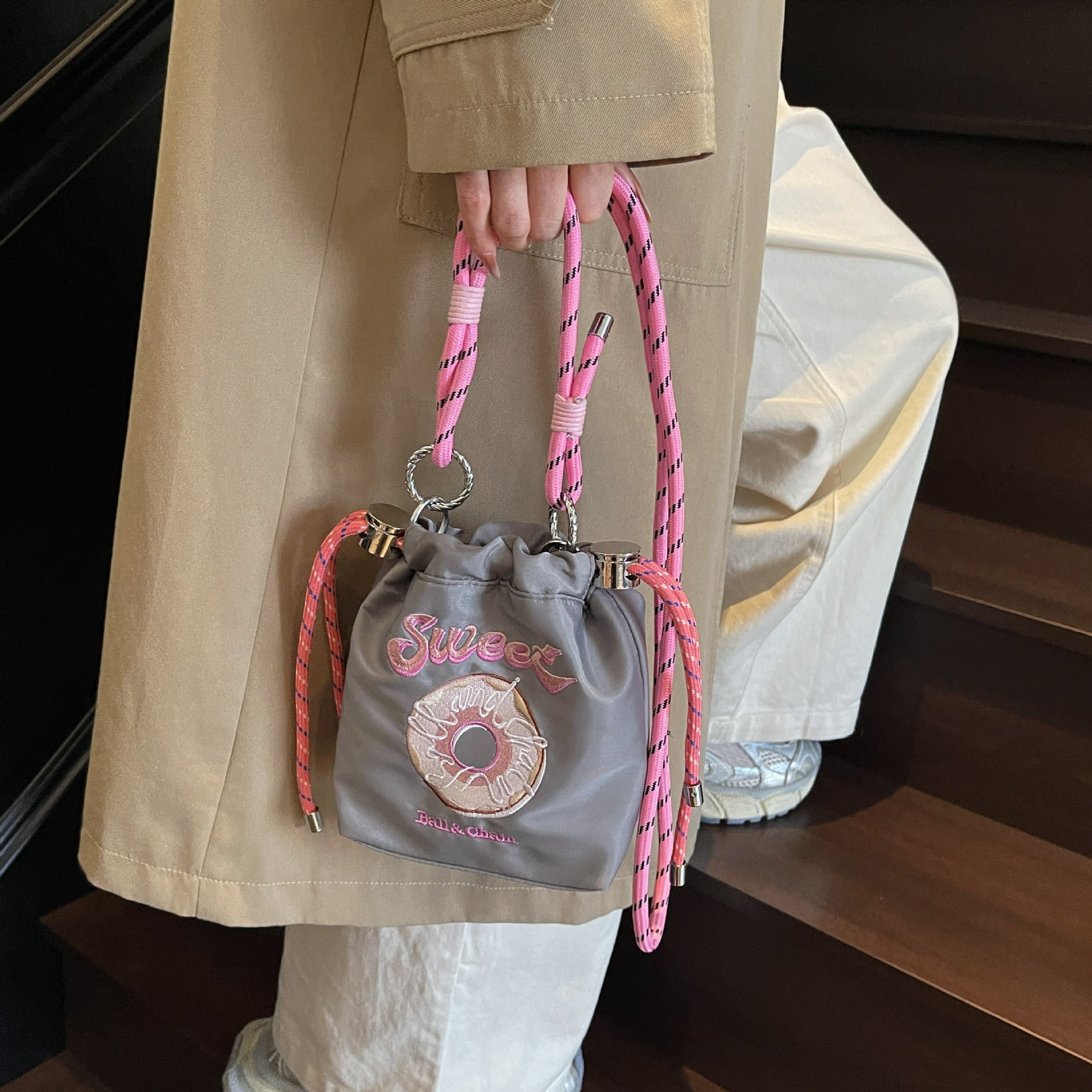 Embroidered Donut Messenger Bag with Ball Chain