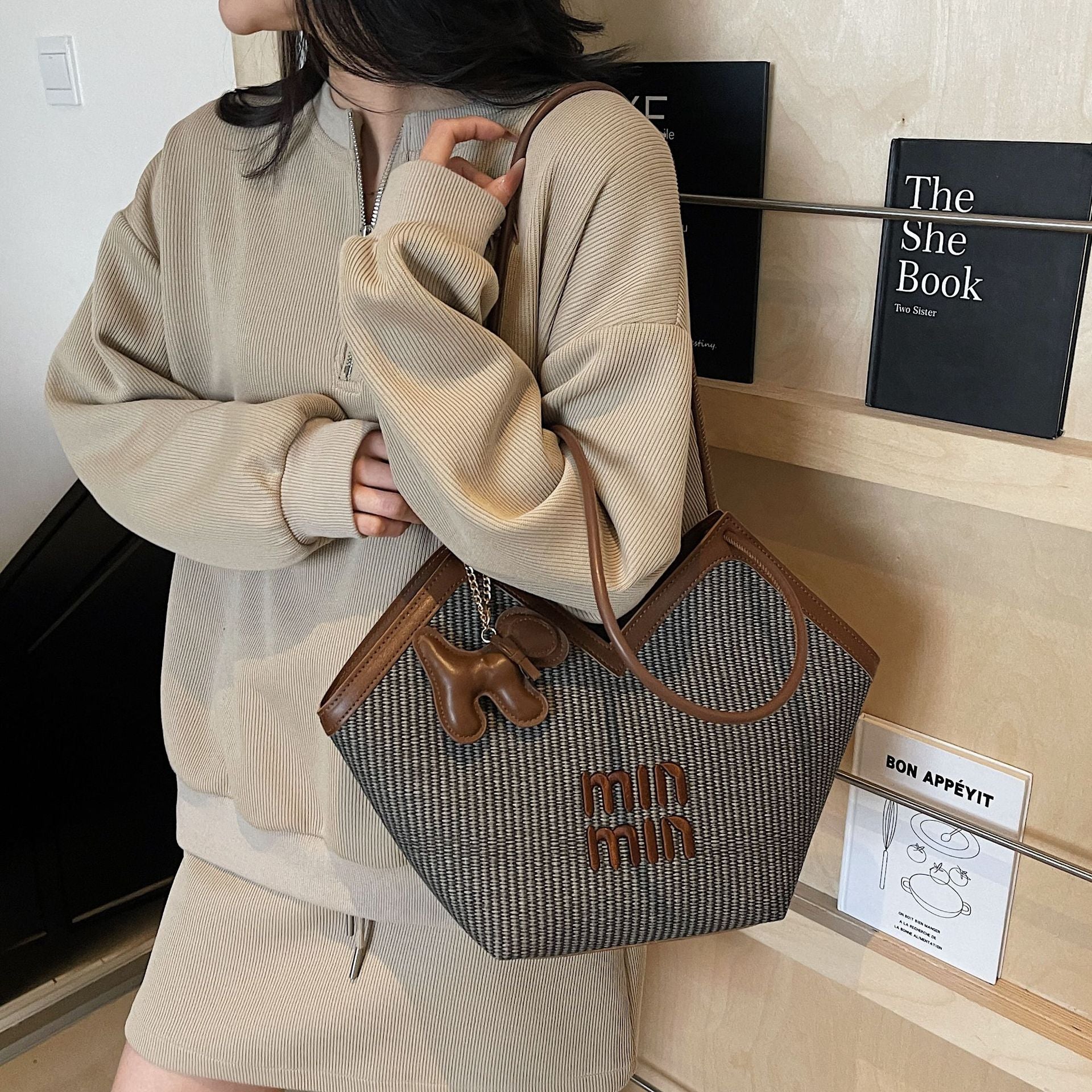 Large-Capacity Miu Embroidered Tote Shoulder Bag Women