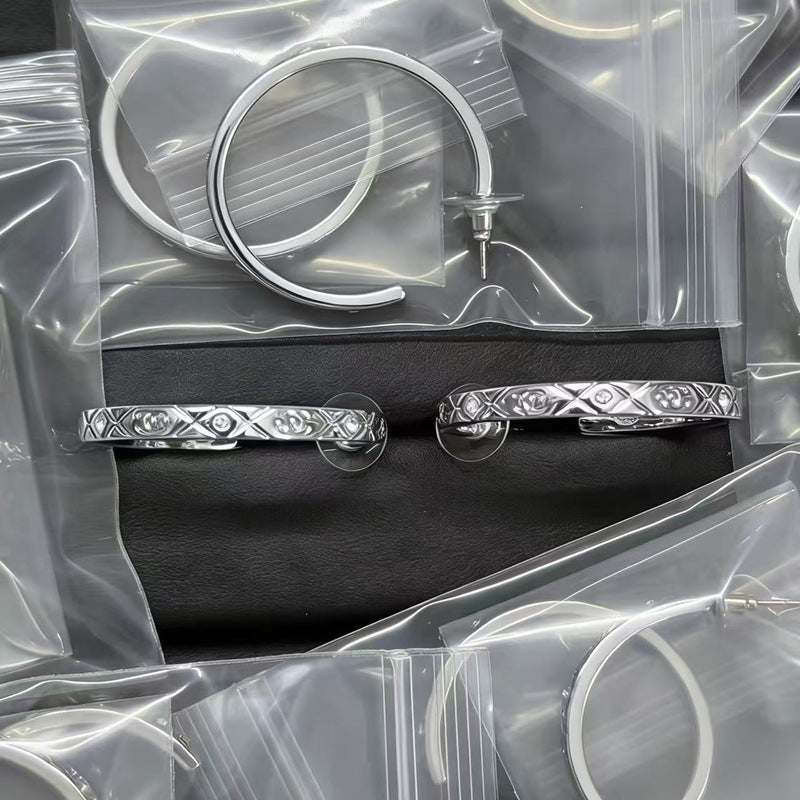 Rhombus Double C Letter Diamond Earrings Women's 925 Silver