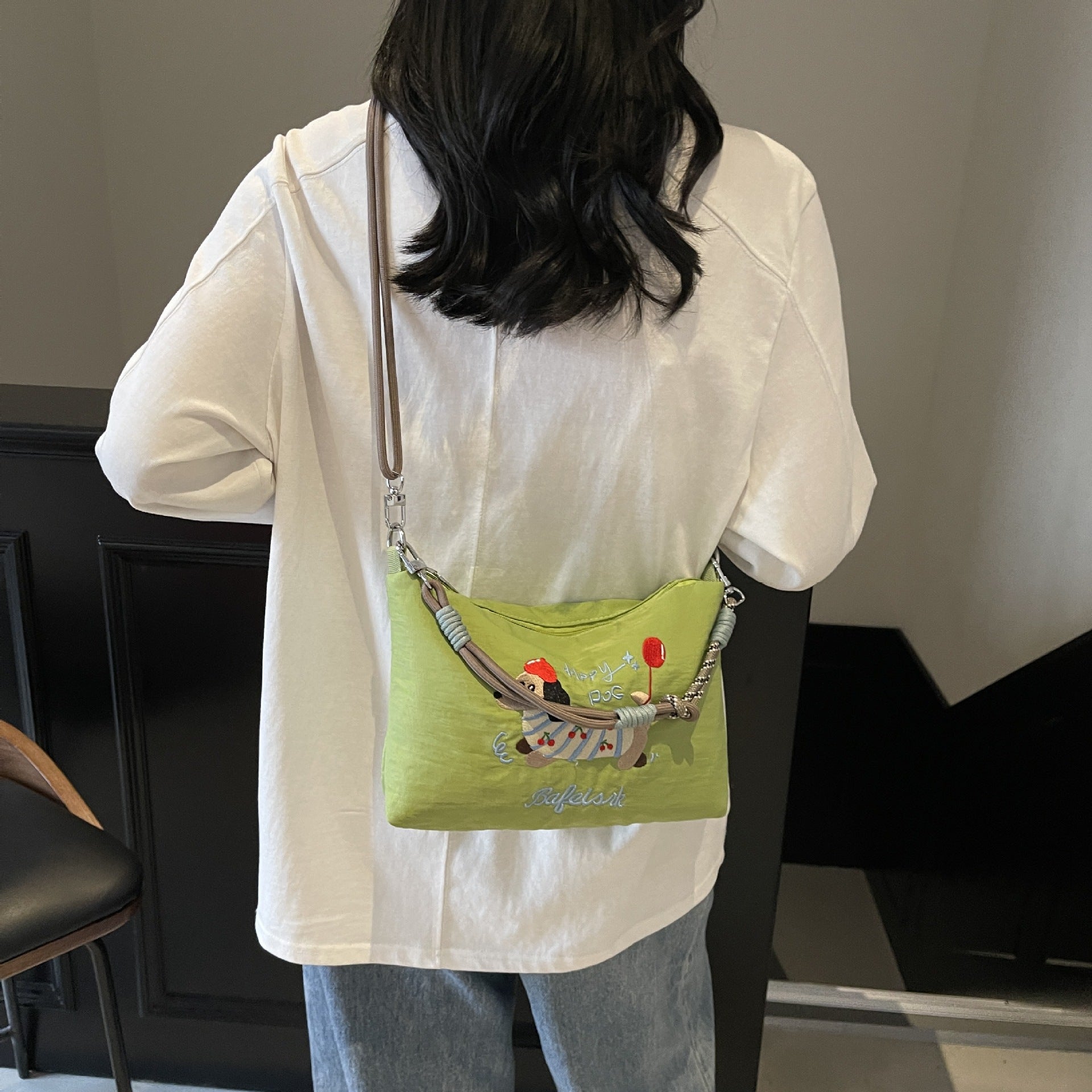 Cute Dachshund Embroidery Shoulder Bag with Ball Chain