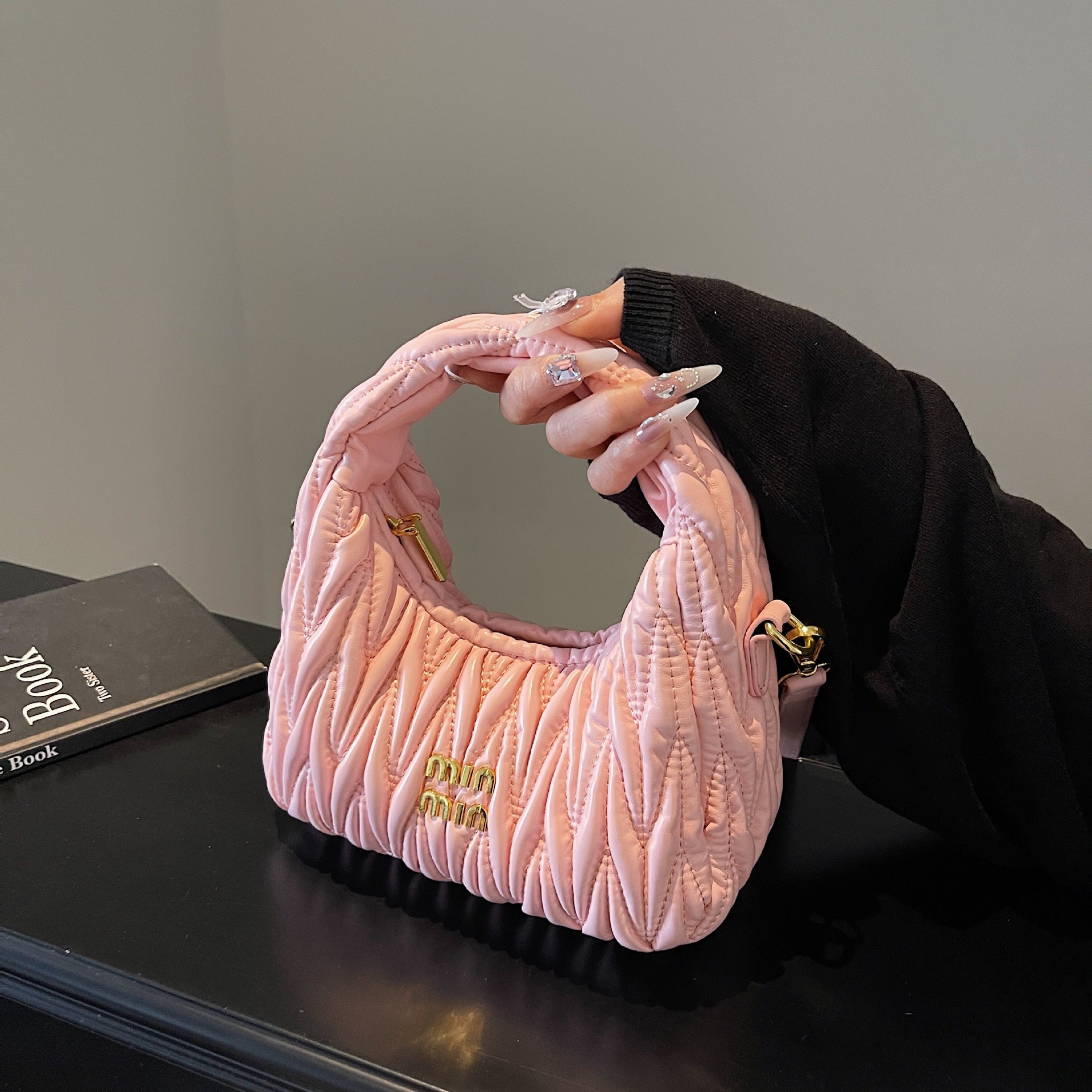 Miu Pleated Cloud Embroidery Crescent Shoulder Bag