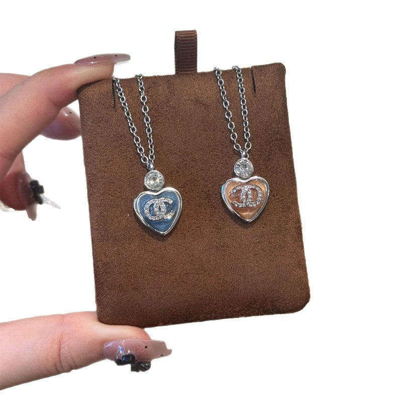 Women's Crystal Pearl Necklace - Heart Pendant, Diamond, Blue & Pink