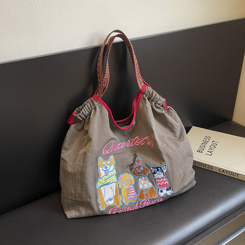 Shiba Inu Ball Chain Embroidered Cloth Bag Women's Large Capacity Shoulder Bag