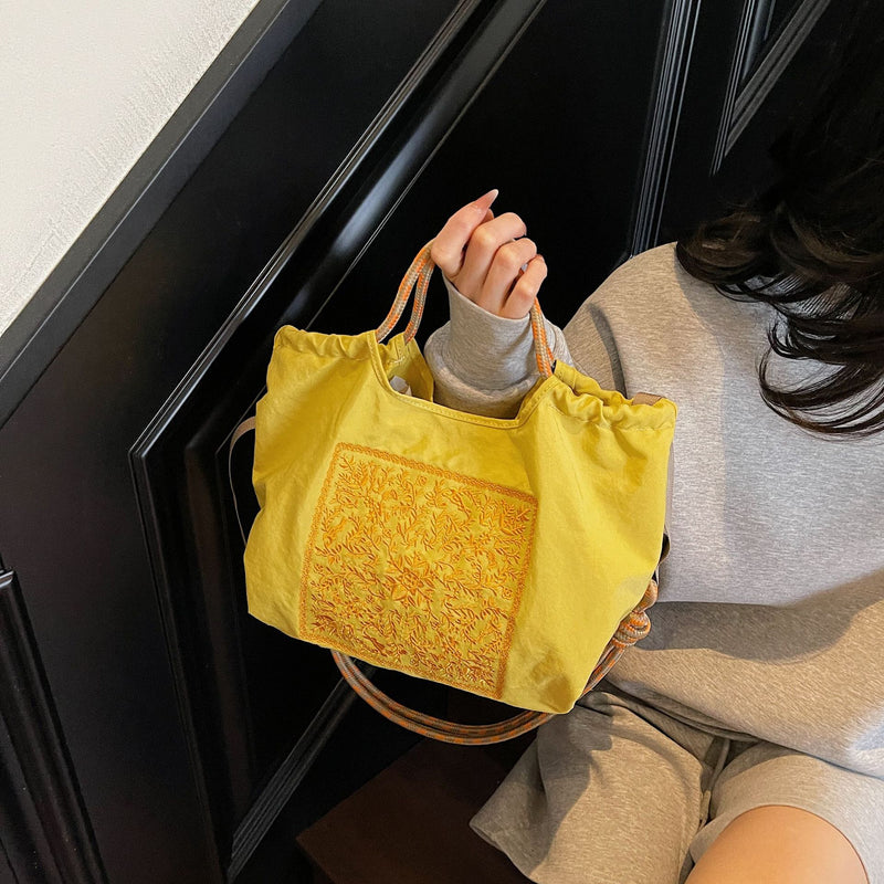 Embroidered Drawstring Cloth Bag Large Capacity Casual Messenger Bag