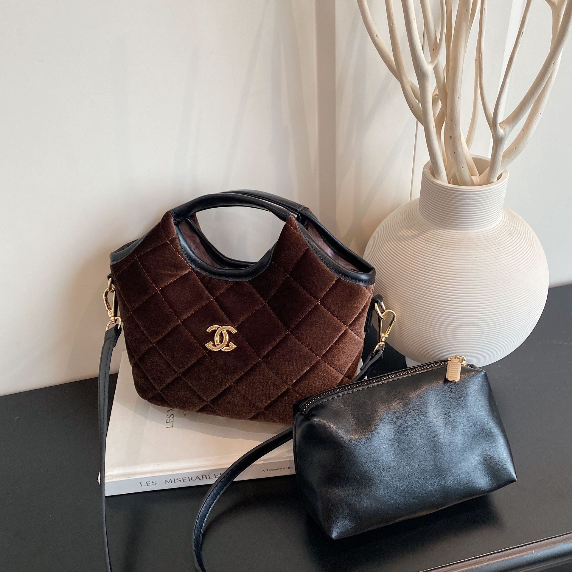 Light Luxury Wool Shoulder Basket Messenger Bucket Bag