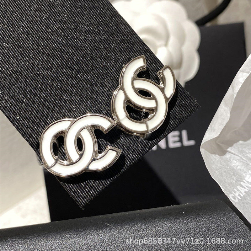 White Enamel Double C Letter Earrings 925 Silver Needle Women Set