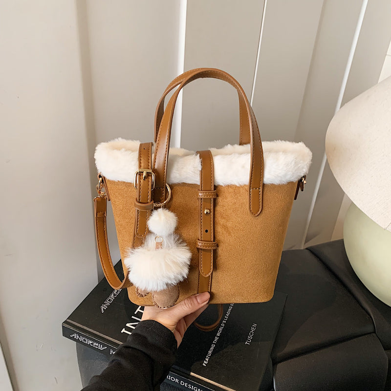 Large-Capacity Plush Splicing Shoulder Bag Retro Suede Handbag