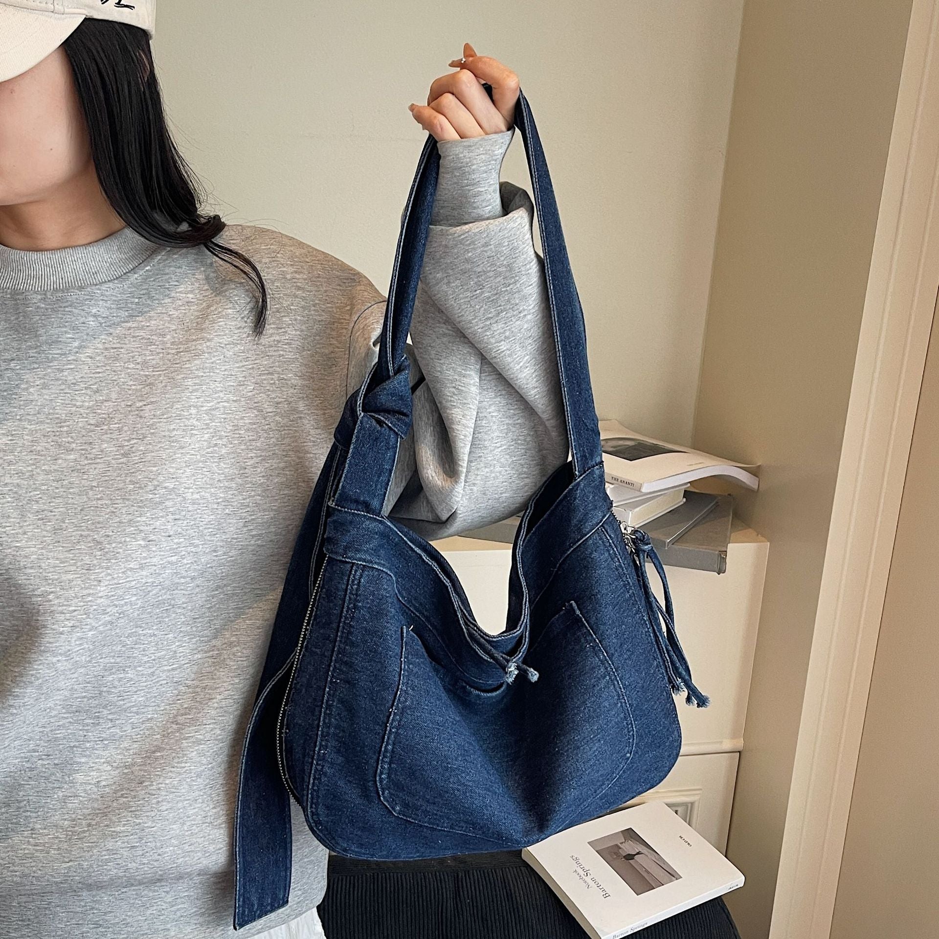 Splicing Contrast Shoulder Bag Denim Messenger Large Capacity Pillow Bag