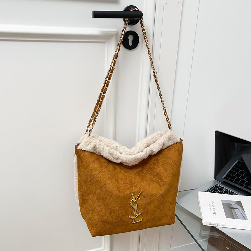 Vintage Rhombus Plush Shoulder Bag Large Capacity Chain