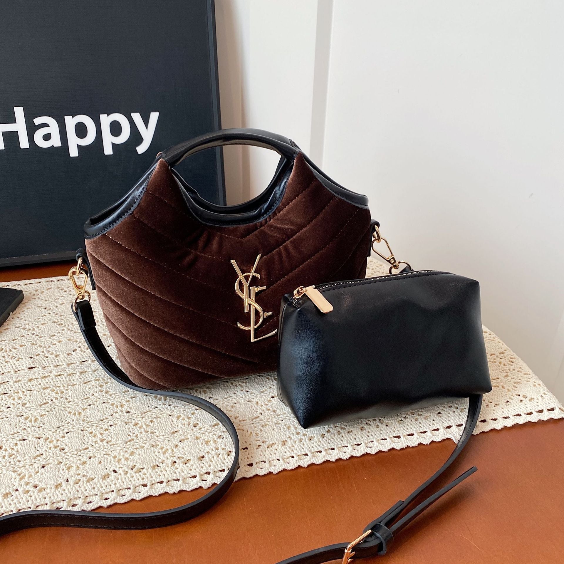 Suede Bucket Bag Rhombus Embroidery Chain Shoulder Bag