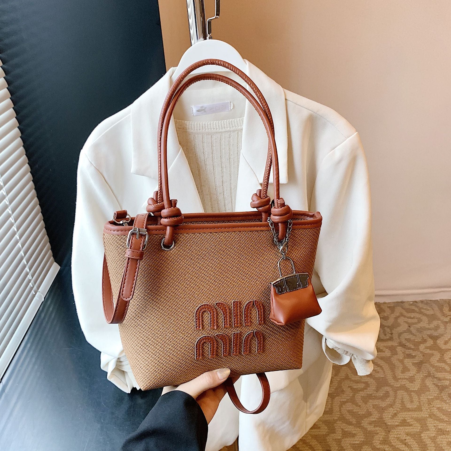 Miu Luxury Woven Tote Bag Women's Shoulder Basket Bag