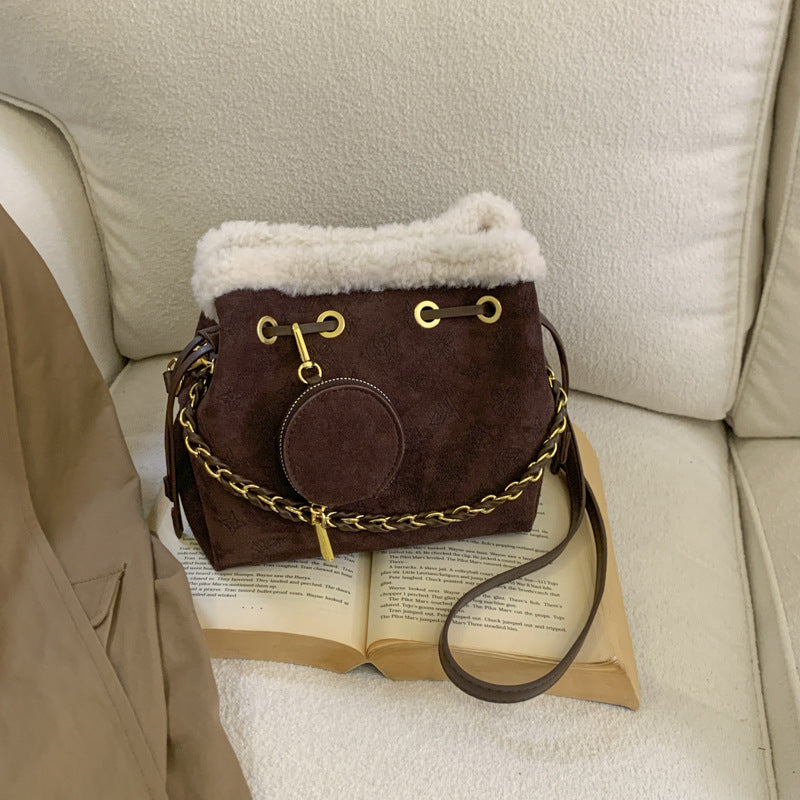 Retro Suede Splicing Bucket Bag Chain Shoulder Messenger Handbag