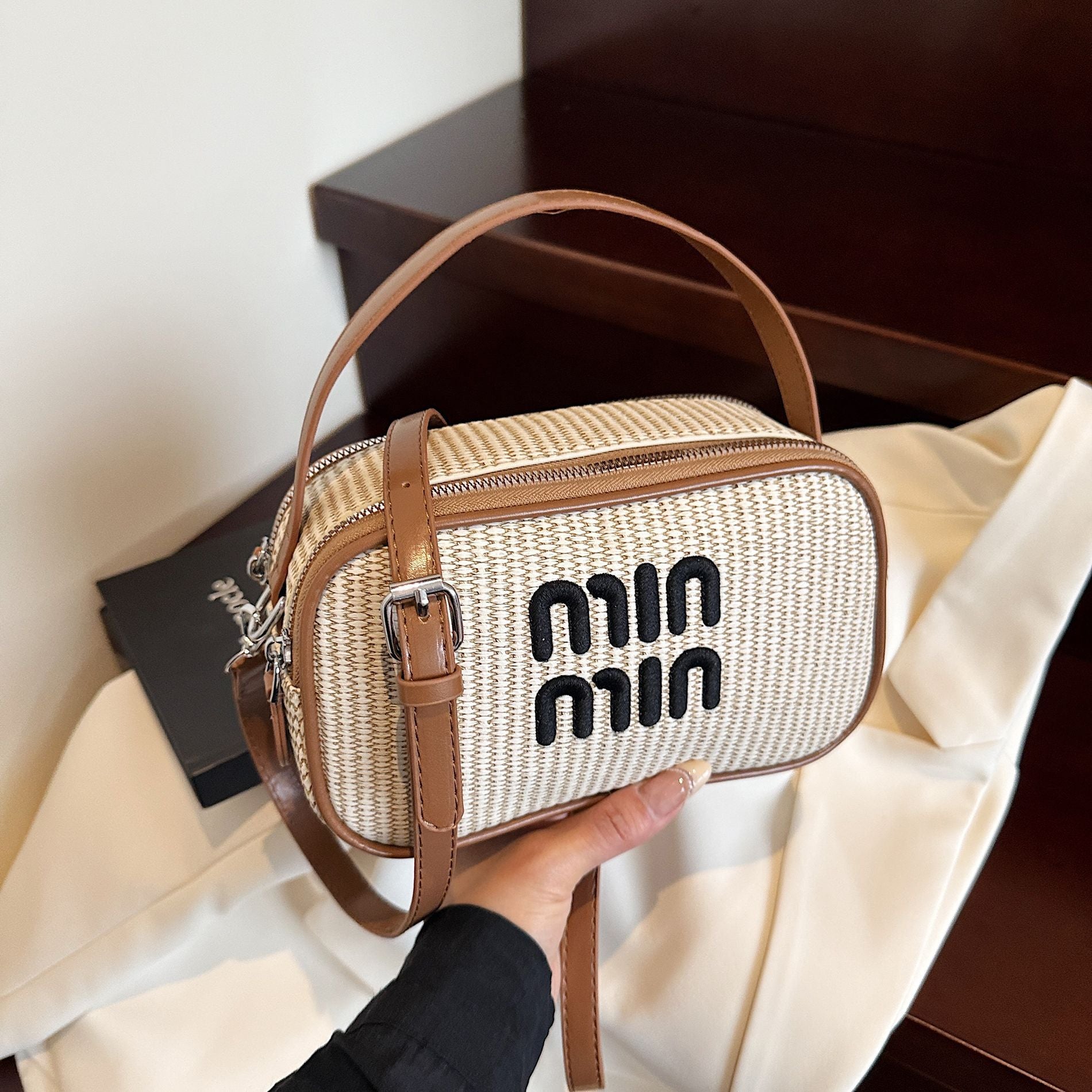 Miu Small Square Straw Woven Shoulder Bag
