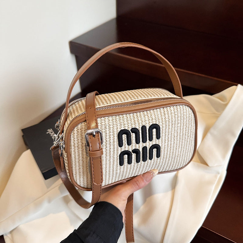 Miu Small Square Straw Woven Shoulder Bag