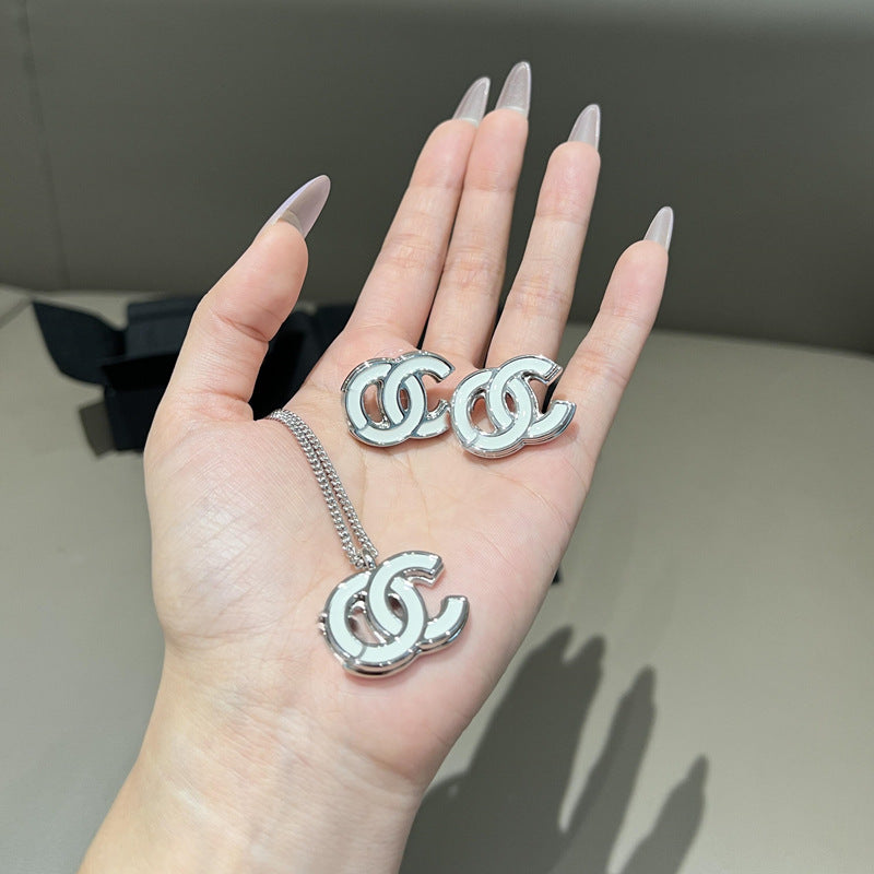 White Enamel Double C Letter Earrings 925 Silver Needle Women Set