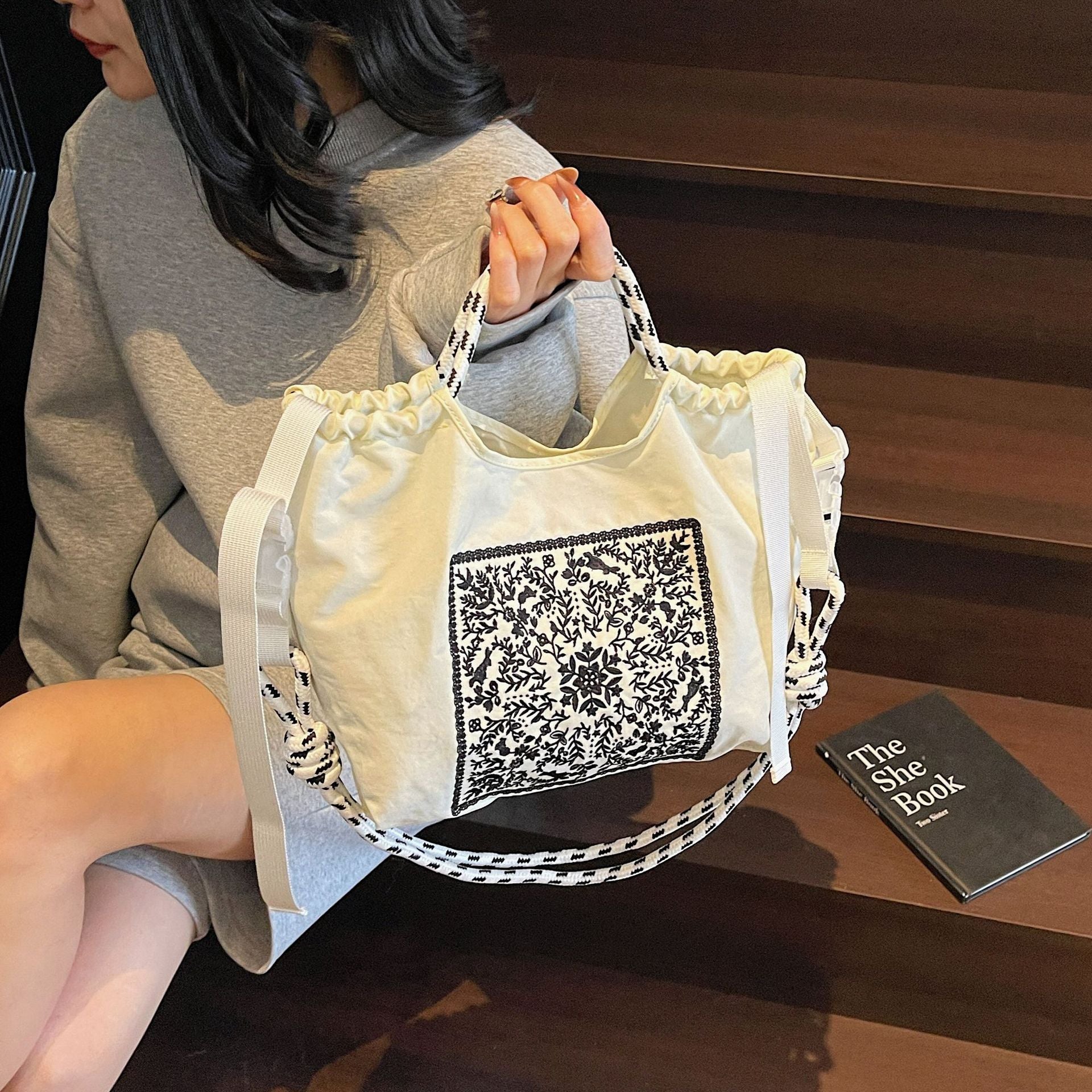 Embroidered Drawstring Cloth Bag Large Capacity Casual Messenger Bag
