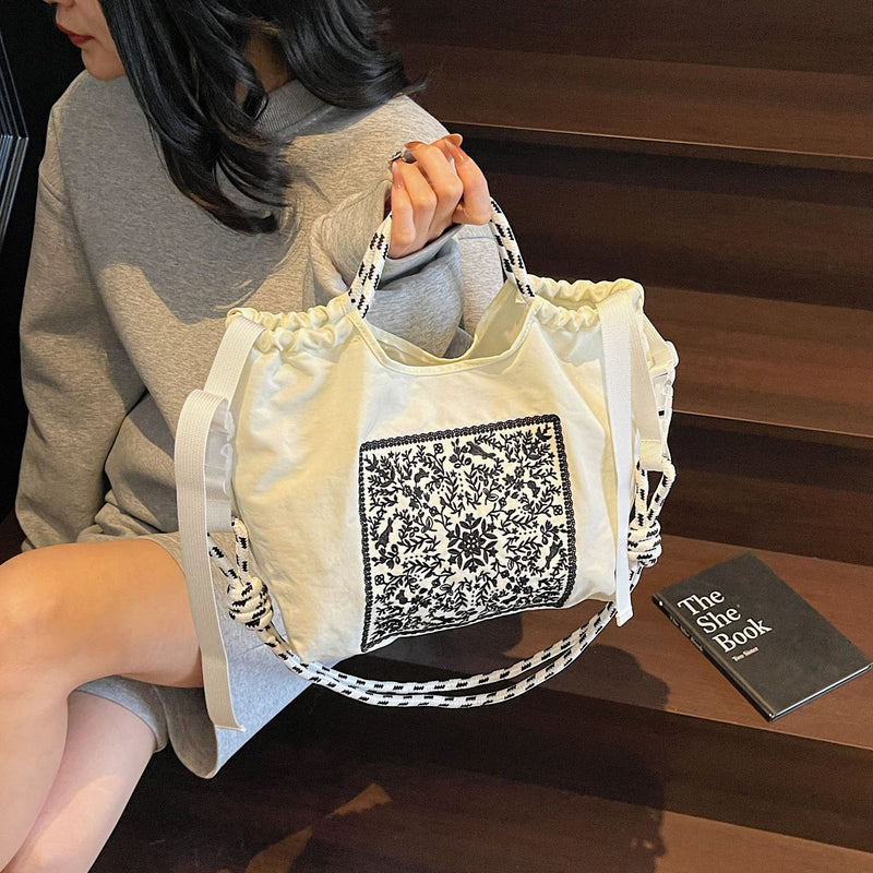 Embroidered Drawstring Cloth Bag Large Capacity Casual Messenger Bag