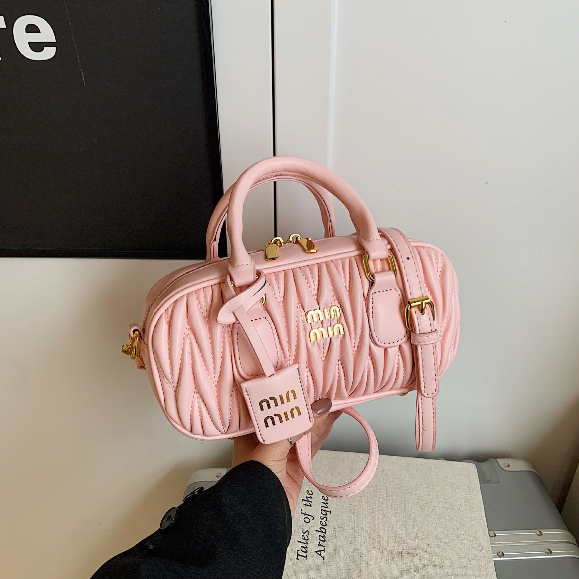 Pleated Bowling Bag Women's Crossbody Shoulder Handbag
