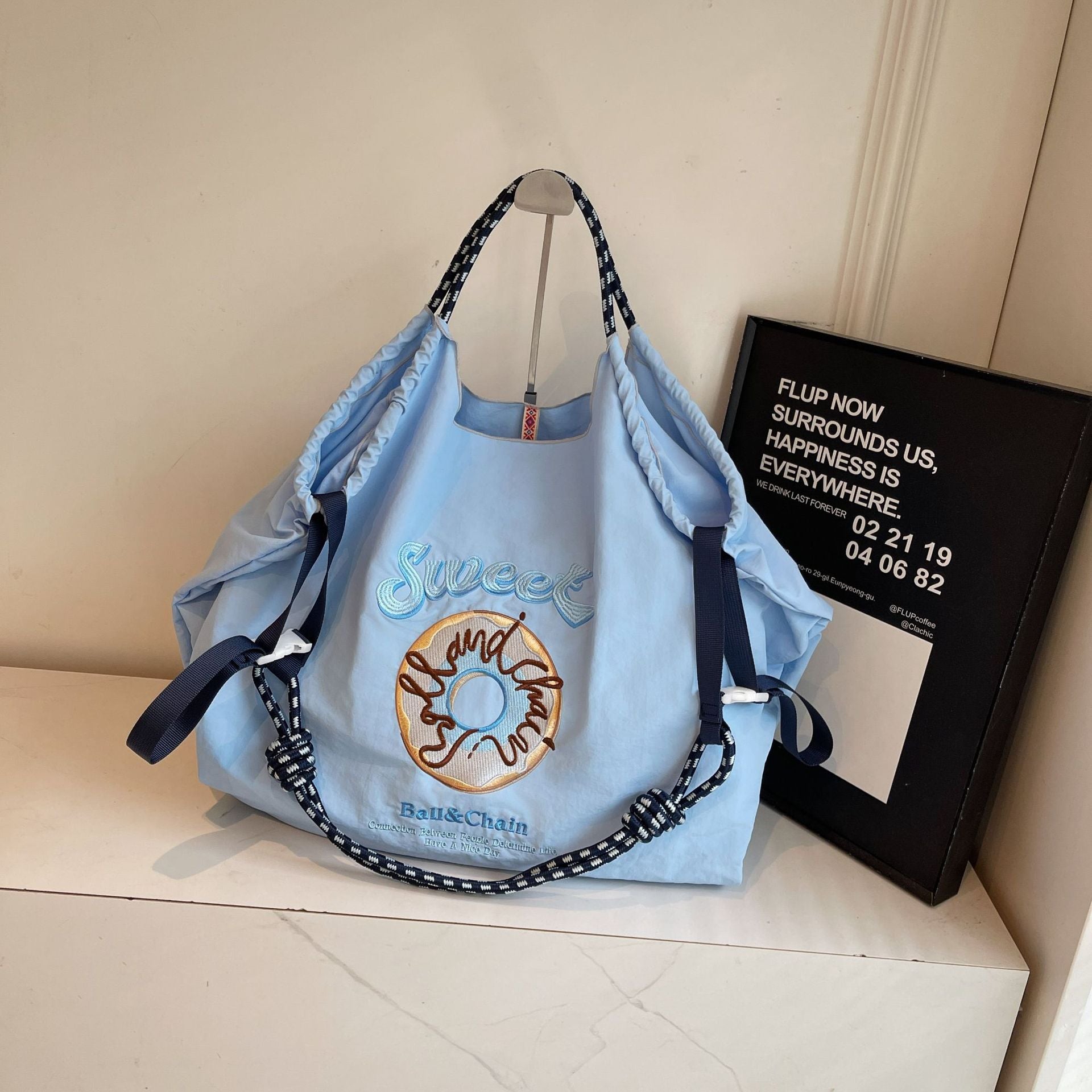 Embroidered Donut Ball Chain Nylon Bag Lightweight Eco-Friendly Shopping Bag
