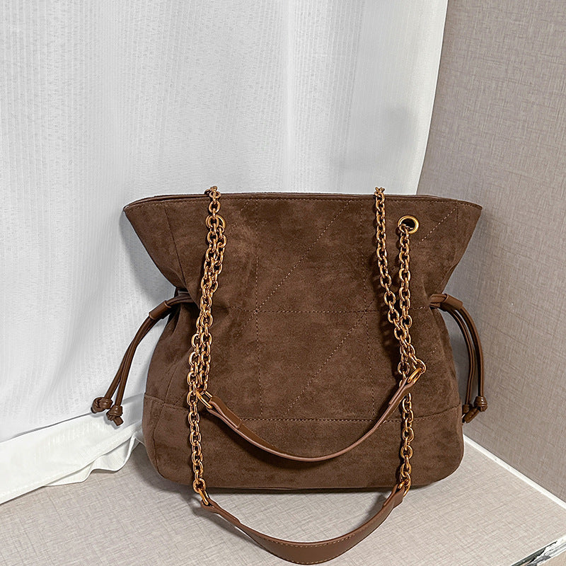 Light Luxury Suede Pleated Drawstring Diamond Tote Bag