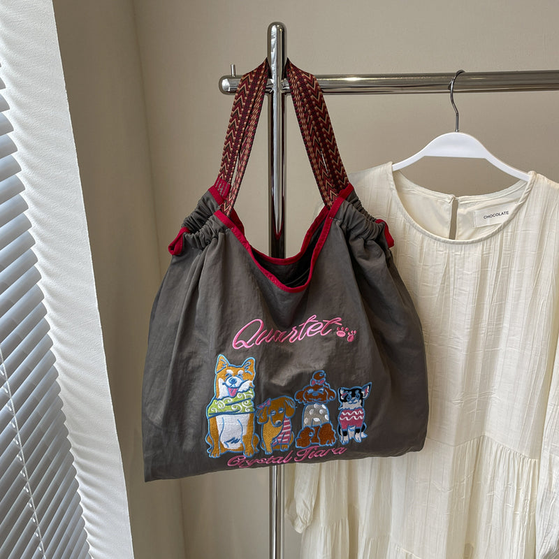 Shiba Inu Ball Chain Embroidered Cloth Bag Women's Large Capacity Shoulder Bag