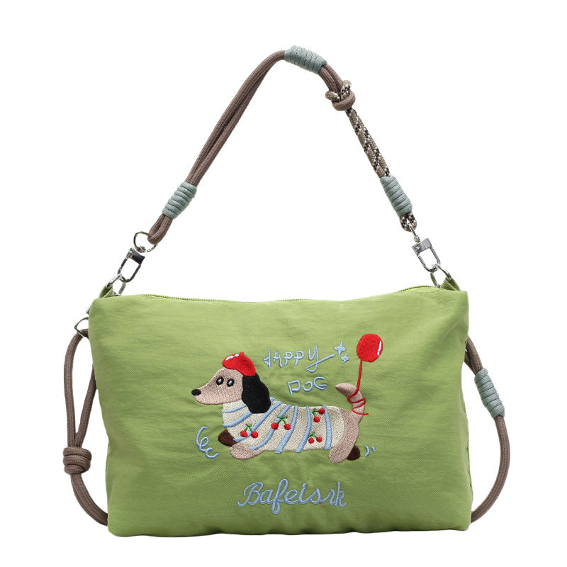 Cute Dachshund Embroidery Shoulder Bag with Ball Chain