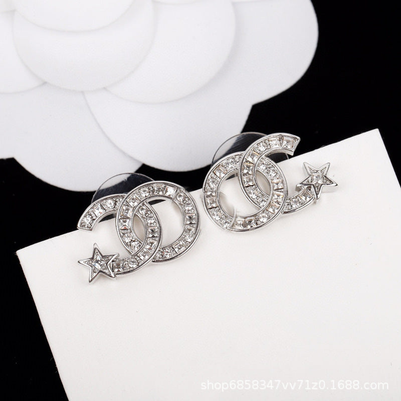 Star Double C Diamond Stud Earrings - Celebrity Style Antique Design