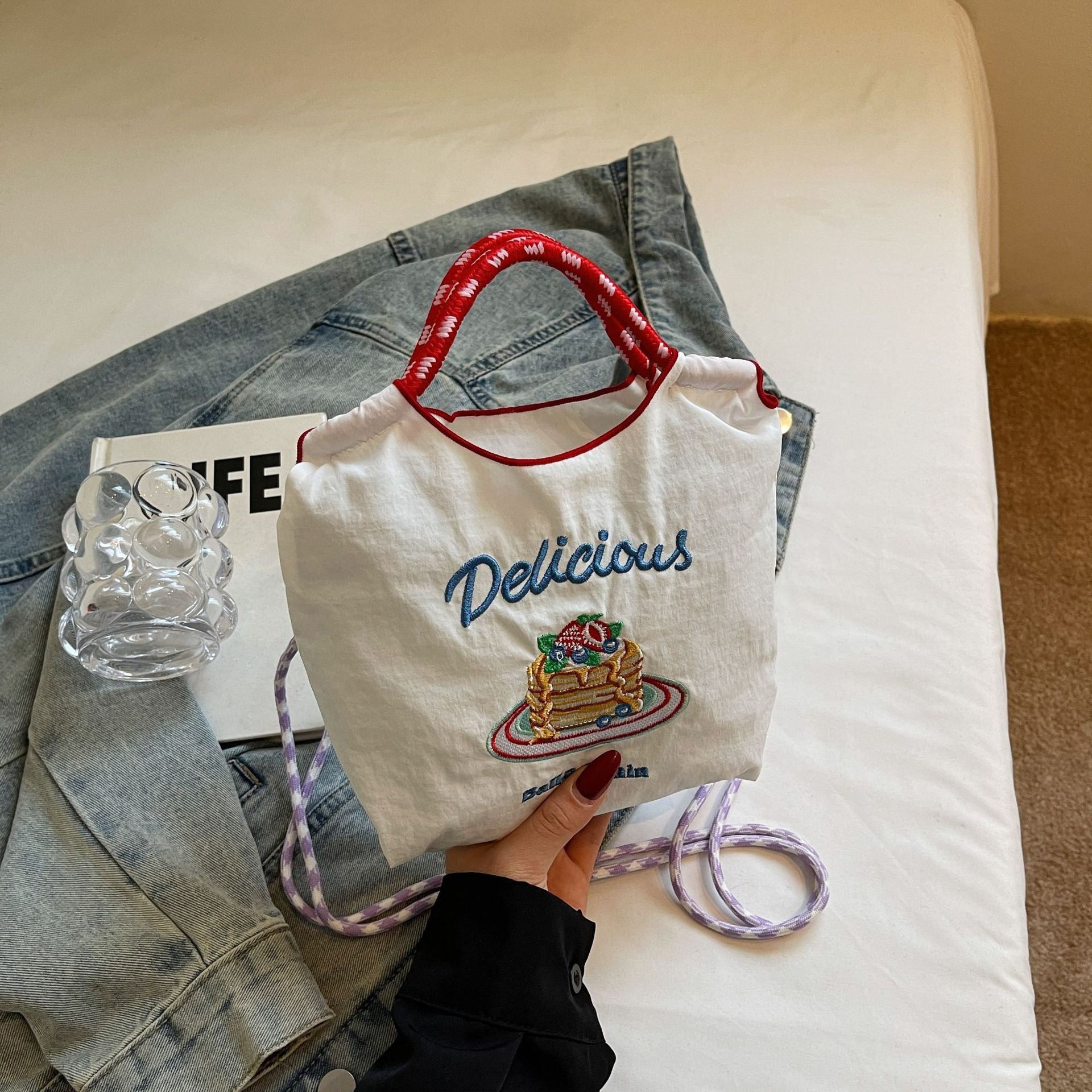 Ese Ball Chain Eco Shopping Tote Bag Cake Embroidered Nylon Messenger Bag