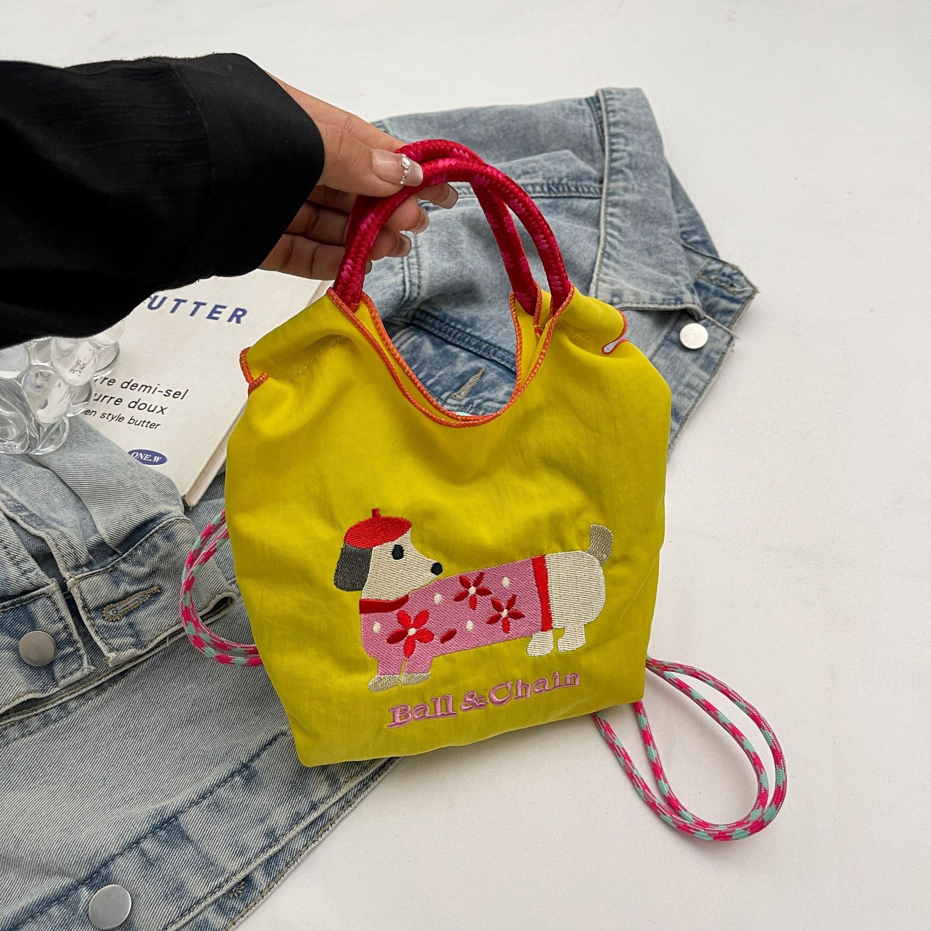 Cute Dachshund Dog Ball Chain Cloth Bag Women's Trendy Shoulder Messenger Bag